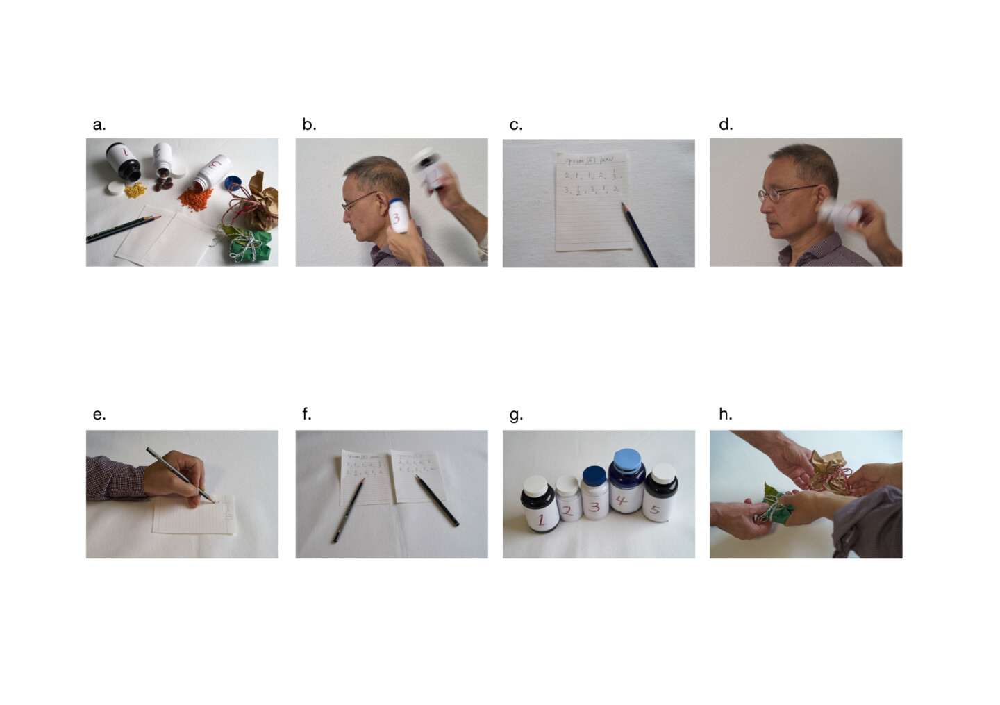 8 kleine Fotos auf denen der Umgang mit Spieldosen ausprobiert wird