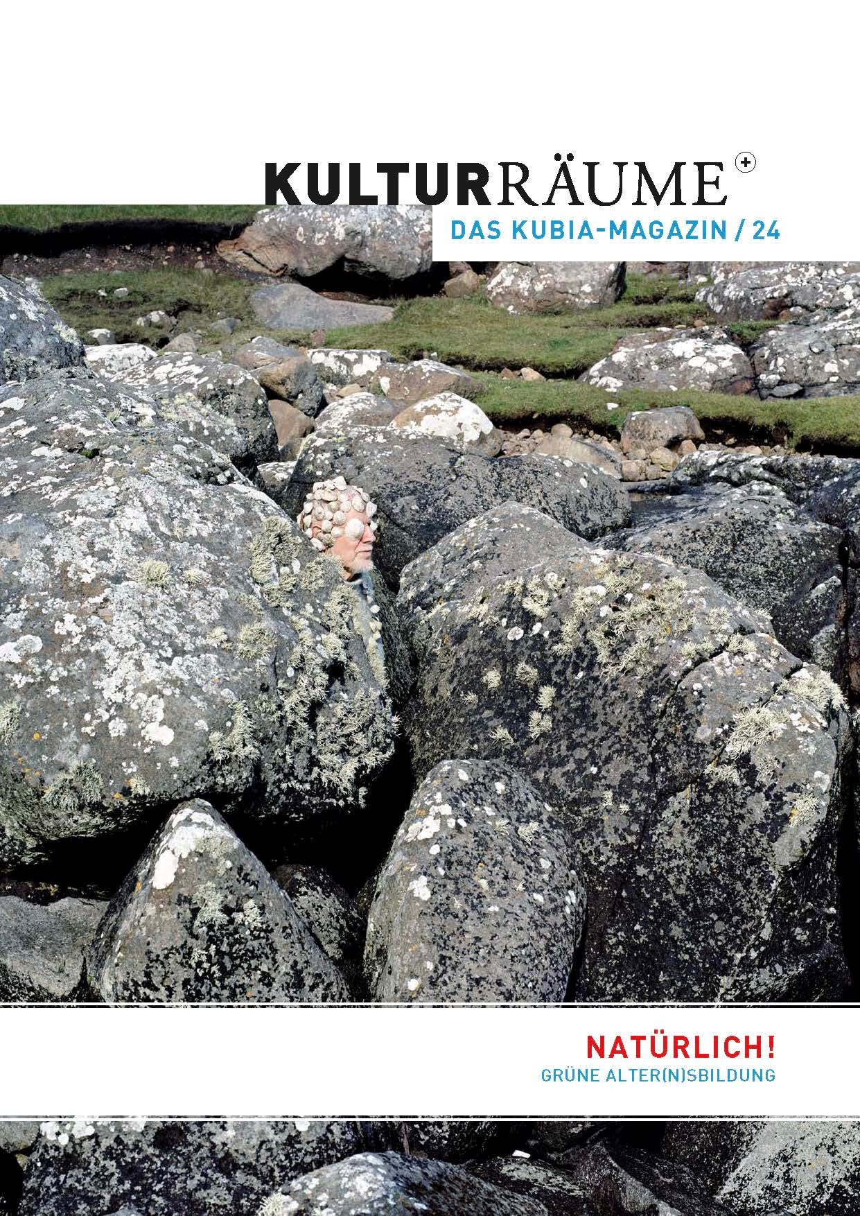 Cover Kulturräume+ 24/2023. photo by Riitta Ikonen and Karoline Hjorth from the series "Eyes as Big as Plates" with the face of an old man seemingly covered with shells, making him part of the rocky landscape surrounding him.