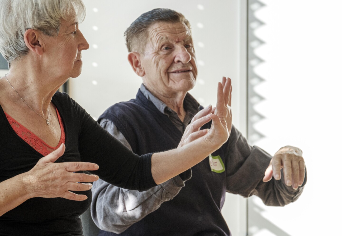 An elderly woman and an elderly man stand next to each other and make dance movements with their hands.