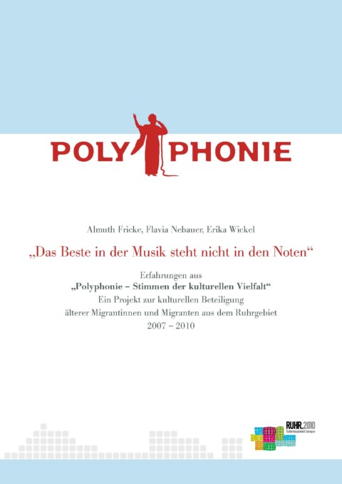 Cover der Dokumentation des Modellprojekts Polyphonie in Hellblau und Weiß und mit rotem Projektlogo mit Silhouette einer Sängerin