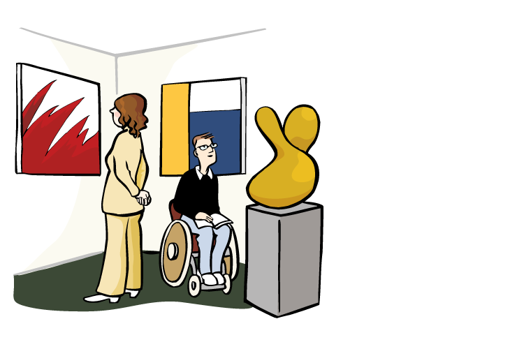Ein im Rollstuhl sitzender Mann und eine stehende Frau sehen sich Gemälde und eine Skulptur in einem Museum an.