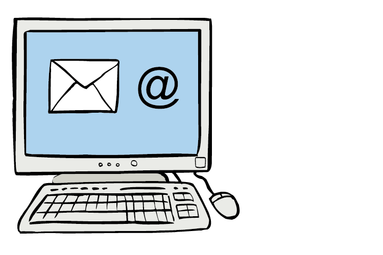 Einen Computer, auf dessen Bildschirm ein Briefumschlag und ein @-Zeichen zu sehen sind.