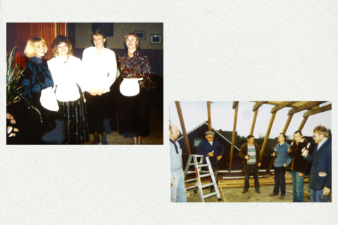 Seite aus einem alten Fotoalbum mit zwei Fotos: Das erste zeigt eine Gruppe von Frauen mit Servierschürzen, das zweite eine Gruppe Männer, die auf einer Baustelle Bier aus Flaschen trinken.