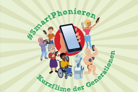 Die Grafik zeigt gezeichnete Figuren verschiedener Altersgruppen und Hintergründe, die alle ein Smartphone nutzen. In der Mitte hält eine Hand ein großes Handy. Der Text lautet: „#SmartPhonieren – Kurzfilme der Generationen“.