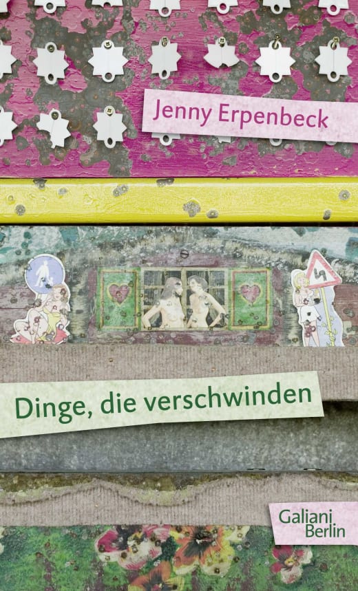 Das Buchcover von „Dinge, die verschwinden“ zeigt bunte, abgenutzte Oberflächen mit Illustrationen und Symbolen darauf.