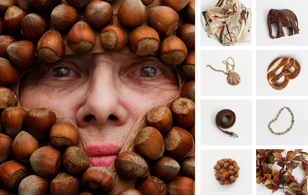 Die Grafik besteht aus einem großen Foto und neun kleinen Bildern rechts daneben, bei denen jeweils die Farben Braun bis Beige dominieren. Das große Bild zeigt die braunen Augen, die Nase und den Mund einer älteren Frau. Der Rest des Gesichts ist mit Haselnüssen bedeckt. Auf den kleinen Bildern sind zu sehen: ein beiger Schal rot-braunem Muster, eine Holzfigur eines Elefanten, eine Halskette mit einer Muschel, eine Brezel, ein aufgerollter Ledergürtel, eine weitere Halskette mit beigen und grünbraunen Perlen, Haselnüsse und künstliches Herbstlaub.