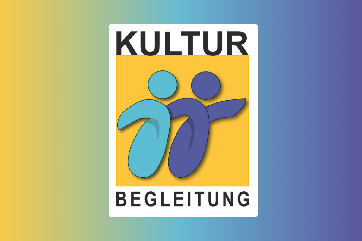 Piktogramm des zwei stlisierte Personen zeigt, von der die beine der anderen den Weg zu weisen scheint. Text. in der Grafik: „Kulturbegleitung“