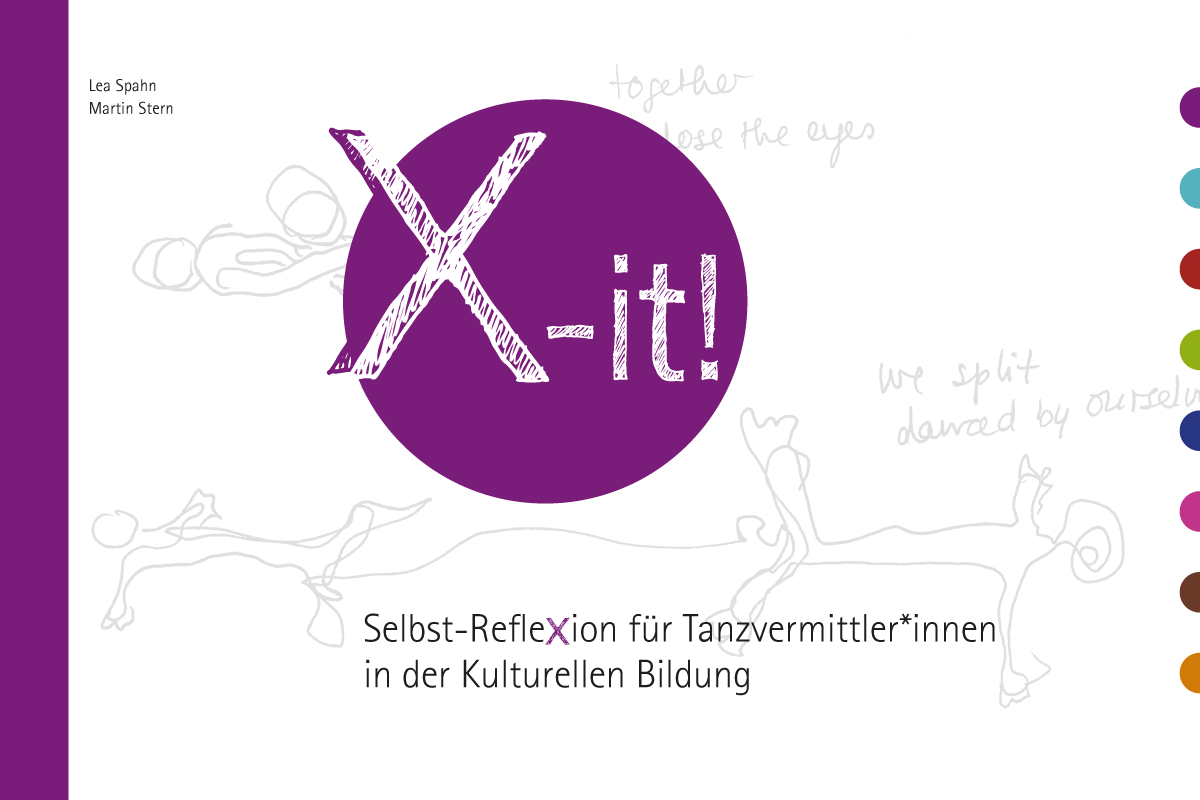 Cover der Broschüre „X-it! Selbst-Reflexion für Tanzvermittler*innen in der Kulturellen Bildung“ von Lea Spahn und Martin Stern
