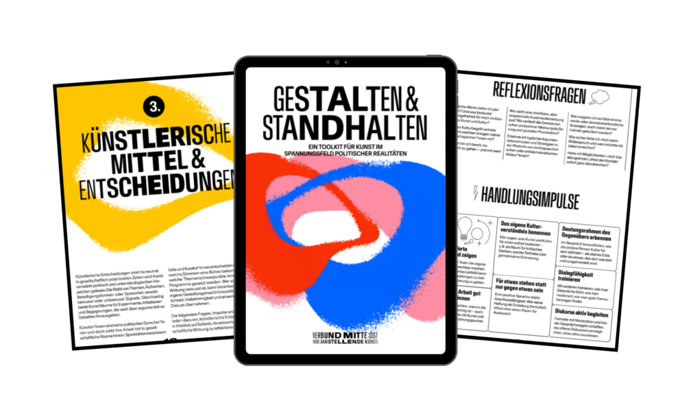 Die Grafik zeigt mittig die Titelseite und seitlich davon weitere Seiten der Publikation „Gestalten & Standhalten. Ein Toolkit für Kunst im Spannungsfeld politischer Realitäten“. Die Überschrift links lautet: „3. Künstlerische Mittel & Entscheidungen“, rechts sind Überschriften wie „Reflexionsfragen“ und „Handlungsimpulse“ zu lesen.
