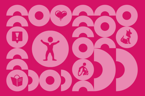 Die in Pinktönen gestaltete Grafik enthält Kreise und Halbkreise. In einigen Kreisen sind Icons zur Barriefreihewit abebildet, dire z. B. einen Assistenzhund, ein stilisiertes Herz oder eine Person im Rollstuhl zeigen.