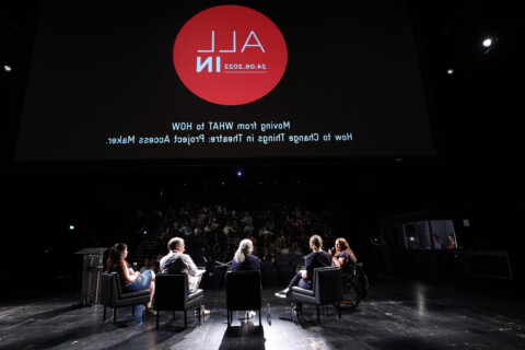 Blick von hinten auf eine Theaterbühne, auf der mehrere Personen in einer Gesprächsrunde vor Publikum sitzen. Eine Gesprächsteilnehmerin nutzt einen Rollstuhl. An der rechten Seite sind Dolmetschende in einer Kabine.