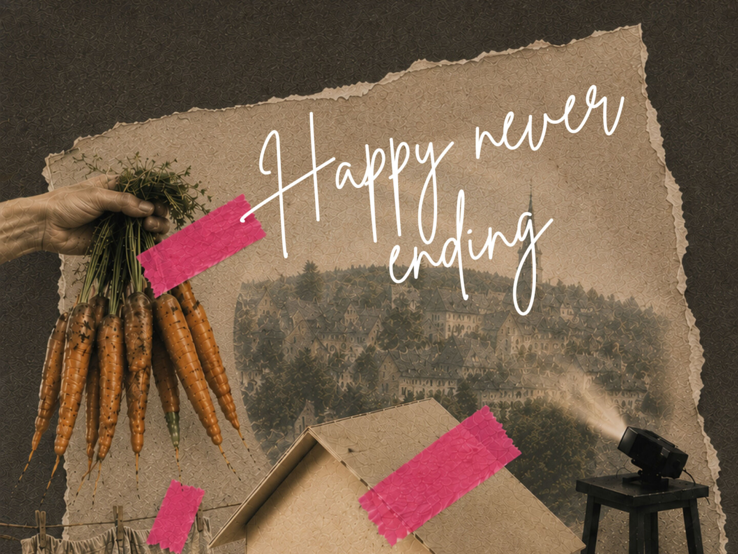 Links oben hält eine Hand ein Bund Möhren. Rechts davon steht in weißer Schrift Happy never ending. Darunter ist ein Hausdach zu sehen. Im Hintergrund Ein Projektor wirft ein schwarz-weiß Bild mit Wald und alten Häusern auf den Hintergrund Pinkfarbene Pflaster sind über das Bildmotiv verteilt