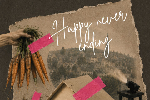 Links oben hält eine Hand ein Bund Möhren. Rechts davon steht in weißer Schrift Happy never ending. Darunter ist ein Hausdach zu sehen. Im Hintergrund Ein Projektor wirft ein schwarz-weiß Bild mit Wald und alten Häusern auf den Hintergrund Pinkfarbene Pflaster sind über das Bildmotiv verteilt